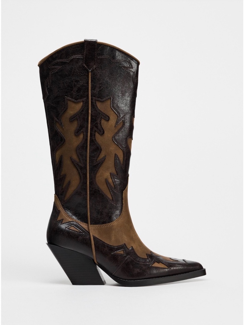 Zara Brown and Tan Western Heeled Boots - Picture 1 of 3